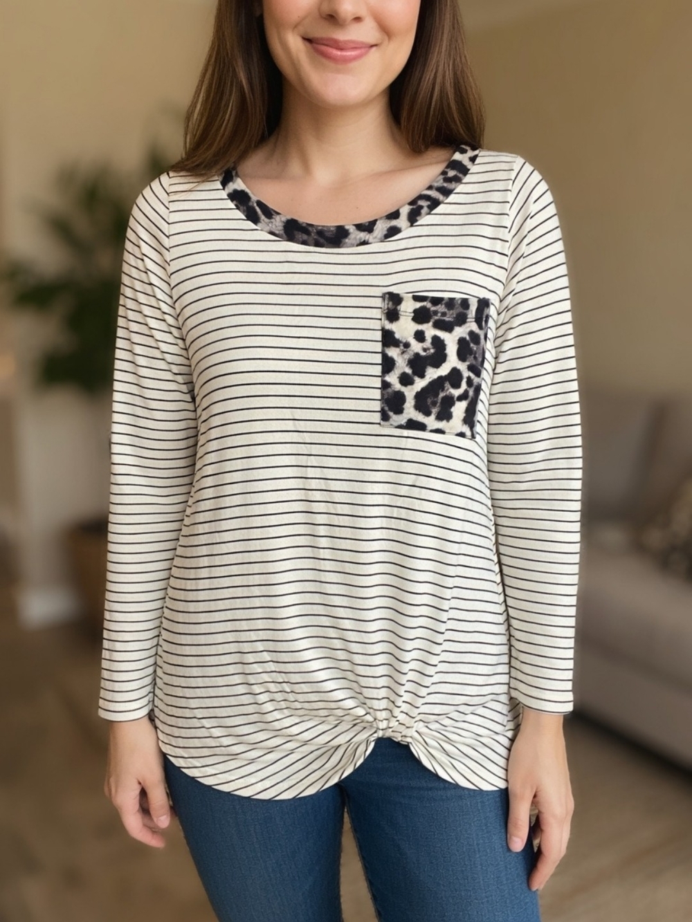 Women's Cream Stripe Long-Sleeve Top with Leopard Pocket - Unknown Brand